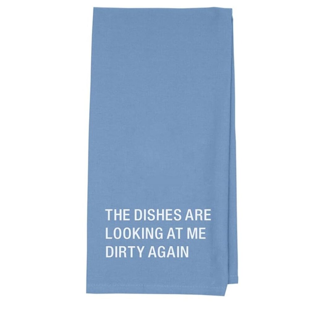 NWT Sky blue About Face Designs kitchen tea towel DIRTY DISHES funny saying